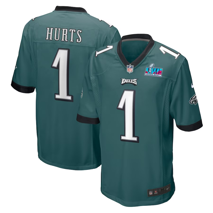 Men's Philadelphia Eagles Jalen Hurts #1 Midnight Green Super Bowl LVII Patch Jersey